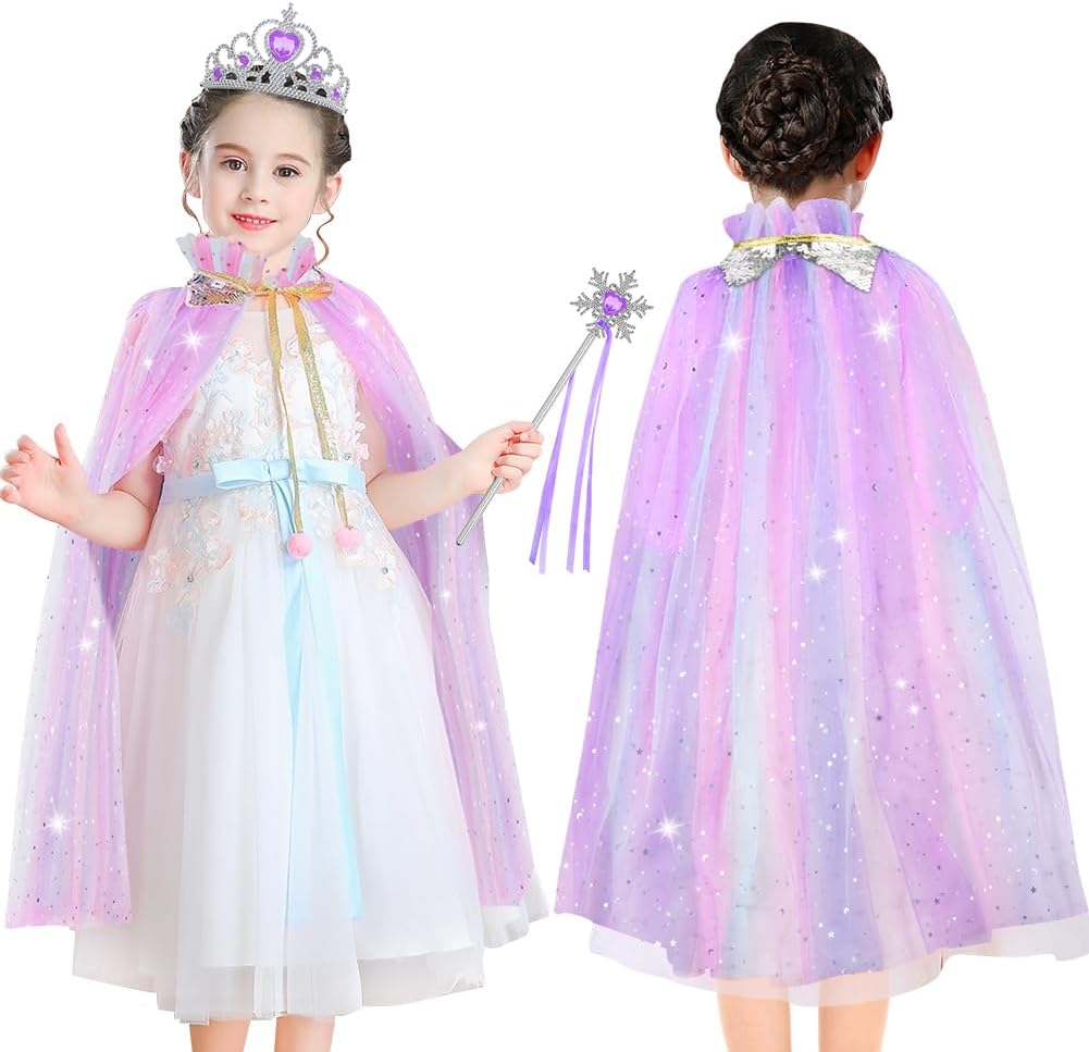 Vicloon Princess Cape, Shiny Sequin Cape, Princess Costume, Magic Wand Necklace